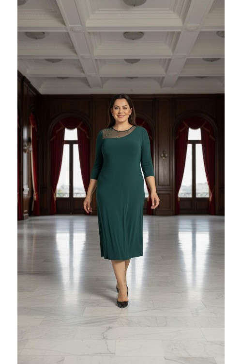 Nidya Moda Büyük Beden Kadın Yeşil Roba Tül Taşlı Sandy Abiye Elbise-4089Y