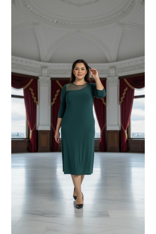 Nidya Moda Büyük Beden Kadın Yeşil Roba Tül Taşlı Sandy Abiye Elbise-4089Y