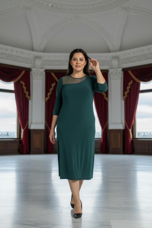 Nidya Moda Büyük Beden Kadın Yeşil Roba Tül Taşlı Sandy Abiye Elbise-4089Y