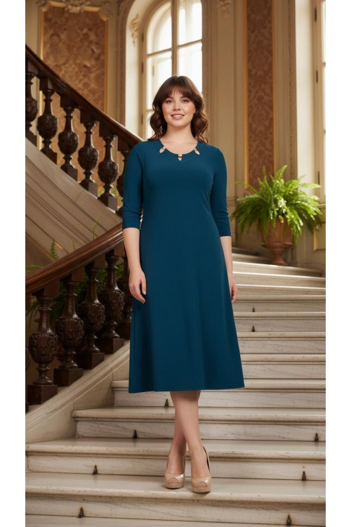 Nidya Moda Büyük Beden Kadın Yeşil Lazer Metal Aksesuarlı Yaka Sandy Abiye Elbise-4081Y