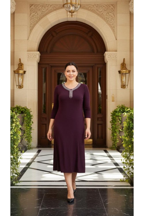 Nidya Moda Büyük Beden Kadın Mürdüm Renkli Taşlı Yaka Sandy  Abiye Elbise-4091M