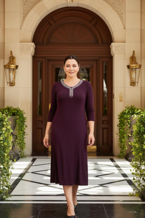 Nidya Moda Büyük Beden Kadın Mürdüm Renkli Taşlı Yaka Sandy  Abiye Elbise-4091M