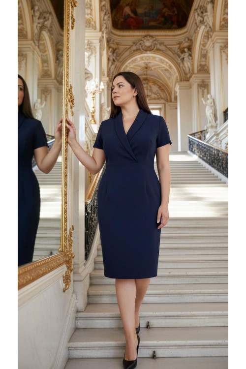 Nidya Moda Büyük Beden Kadın Lacivert Kruvaze Yaka Krep Abiye Elbise-4098L