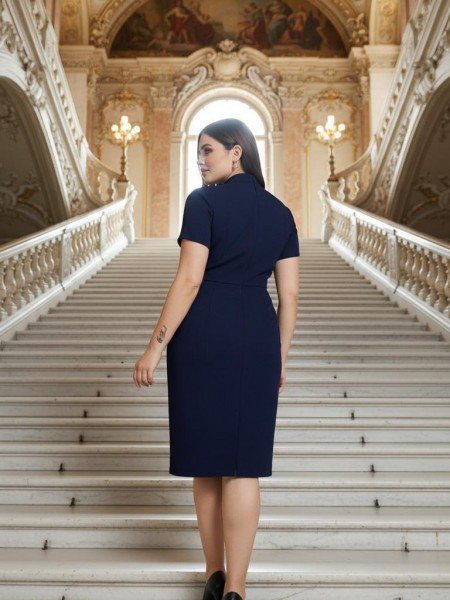 Nidya Moda Büyük Beden Kadın Lacivert Kruvaze Yaka Krep Abiye Elbise-4098L