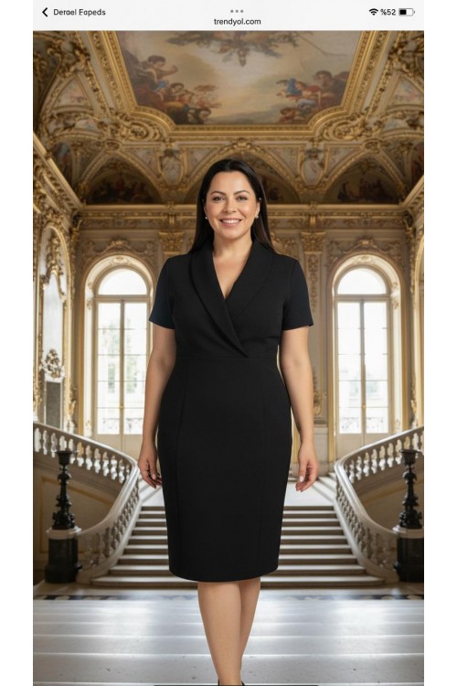 Nidya Moda Büyük Beden Kadın Siyah Kruvaze Yaka Krep Abiye Elbise-4098S