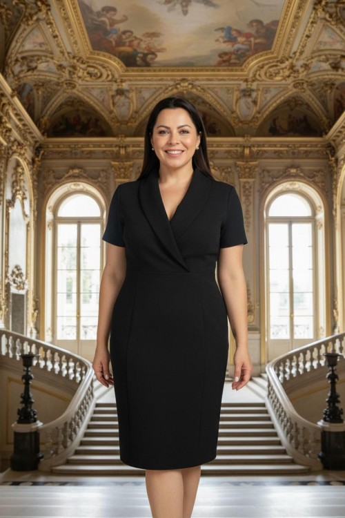 Nidya Moda Büyük Beden Kadın Siyah Kruvaze Yaka Krep Abiye Elbise-4098S