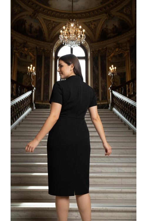 Nidya Moda Büyük Beden Kadın Siyah Kruvaze Yaka Krep Abiye Elbise-4098S