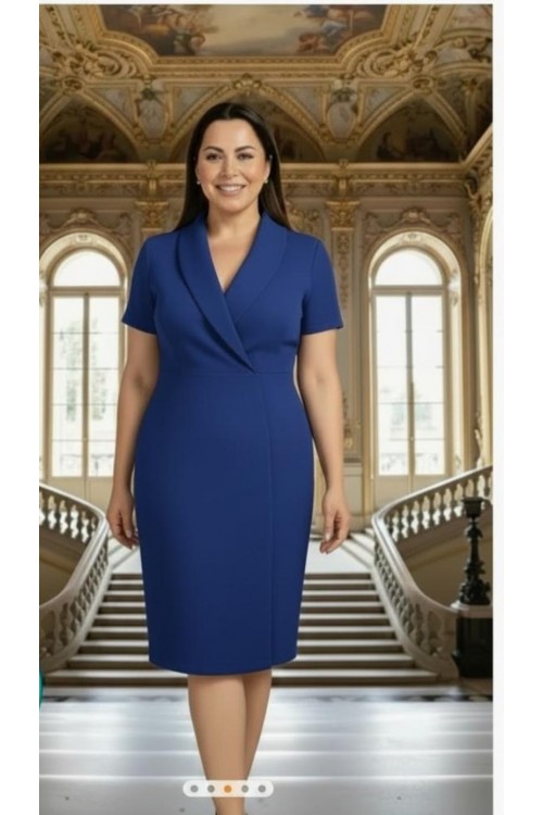 Nidya Moda Büyük Beden Kadın Saks Kraveze Yaka Krep Abiye Elbise-4098SX