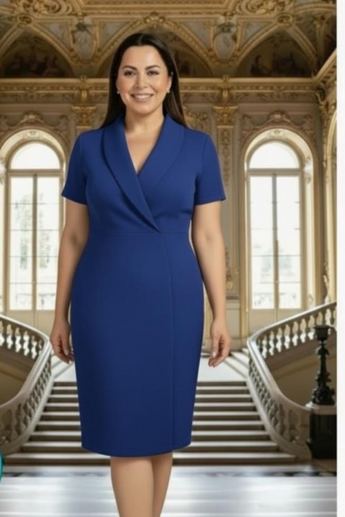 Nidya Moda Büyük Beden Kadın Saks Kraveze Yaka Krep Abiye Elbise-4098SX