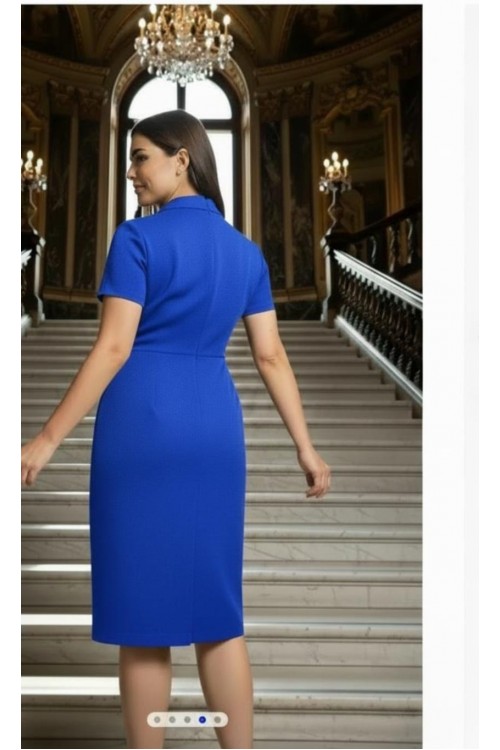 Nidya Moda Büyük Beden Kadın Saks Kraveze Yaka Krep Abiye Elbise-4098SX