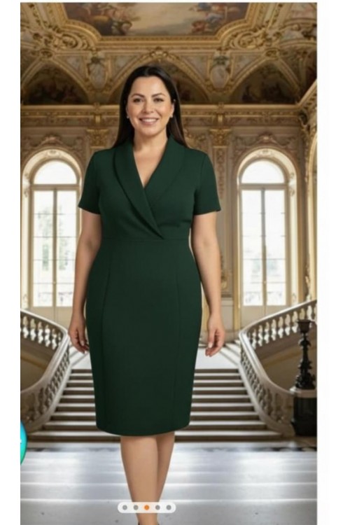 Nidya Moda Büyük Beden Kadın Yeşil Kraveze Yaka Krep Abiye Elbise-4098Y