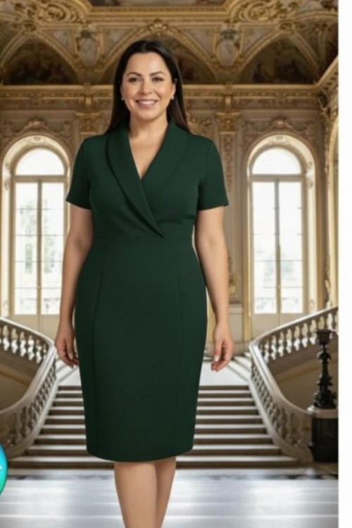 Nidya Moda Büyük Beden Kadın Yeşil Kraveze Yaka Krep Abiye Elbise-4098Y