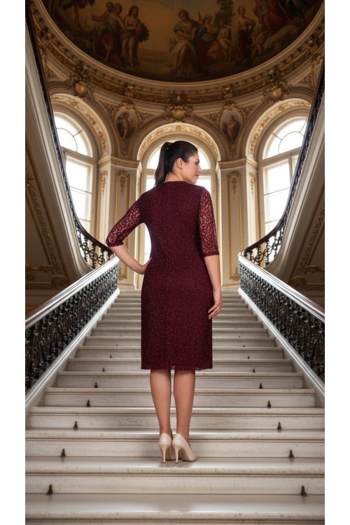 Nidya Moda Büyük Beden Kadın Bordo V Yaka Simli Dantel Abiye Elbise-4009YB