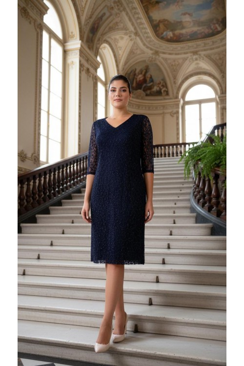 Nidya Moda Büyük Beden Kadın Lacivert V Yaka Simli  Dantel Abiye Elbise-4009YL