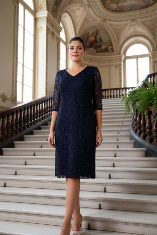 Nidya Moda Büyük Beden Kadın Lacivert V Yaka Simli  Dantel Abiye Elbise-4009YL