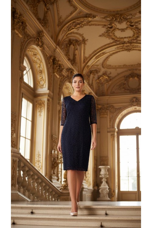 Nidya Moda Büyük Beden Kadın Lacivert V Yaka Simli  Dantel Abiye Elbise-4009YL