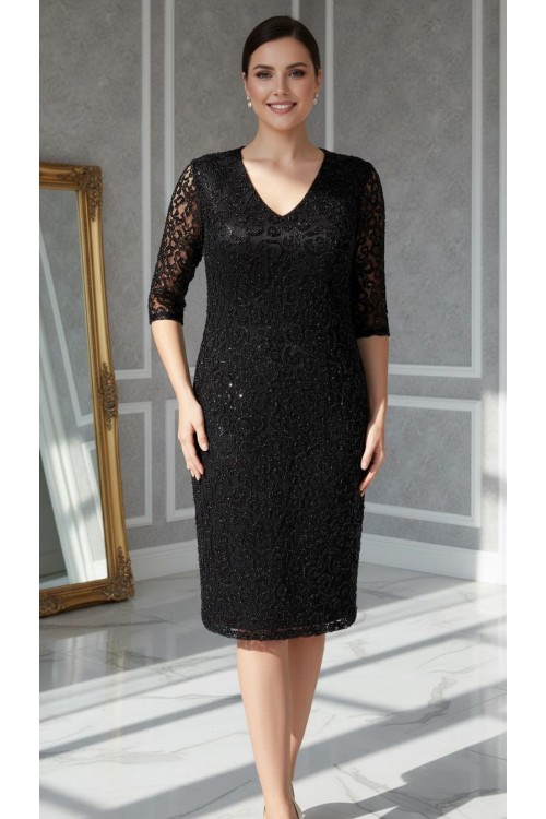Nidya Moda Büyük Beden  Kadın Siyah V Yaka Simli Dantel Abiye Elbise-4009YS