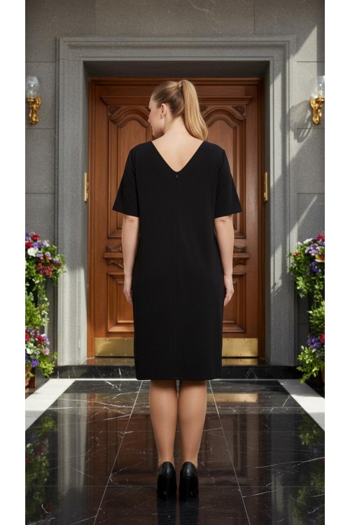 Nidya Moda Büyük Beden kadın Lacivert Sırt V Pullu Payetli Kemer Krep Abiye Elbise-4020PL