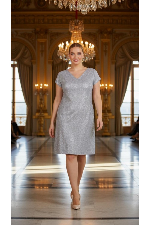 Nidya Moda Büyük Beden Kadın Gri Simli Kaplama Dantel V Yaka Vako Abiye Elbise-4035LG