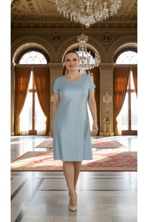 Nidya Moda Büyük Beden Kadın Mint Simli Kaplama Dantel V Yaka Vako Abiye Elbise-4035LMT