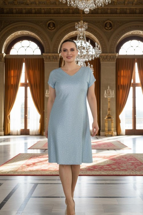 Nidya Moda Büyük Beden Kadın Mint Simli Kaplama Dantel V Yaka Vako Abiye Elbise-4035LMT