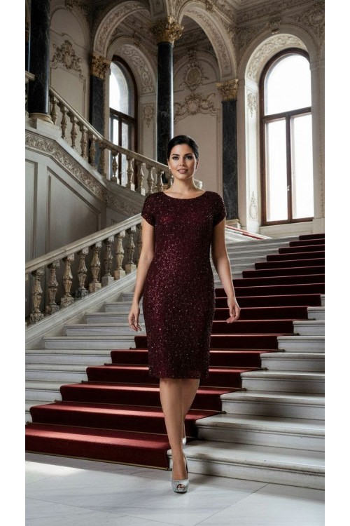 Nidya Moda Büyük Beden Kadın Bordo Vako Simli  Dantel Abiye Elbise-4035YB