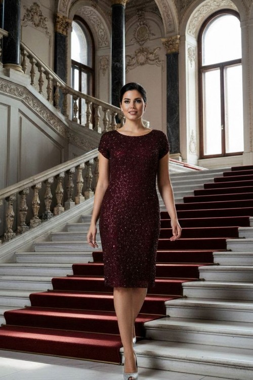 Nidya Moda Büyük Beden Kadın Bordo Vako Simli  Dantel Abiye Elbise-4035YB