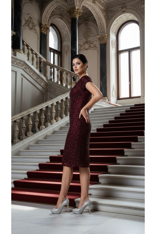 Nidya Moda Büyük Beden Kadın Bordo Vako Simli  Dantel Abiye Elbise-4035YB