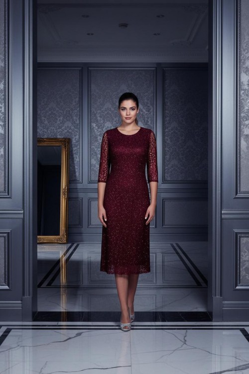 Nidya Moda Büyük beden Kadın Bordo Simli Kloş Dantel Abiye Elbise-4036YB