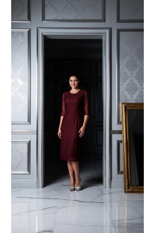 Nidya Moda Büyük beden Kadın Bordo Simli Kloş Dantel Abiye Elbise-4036YB