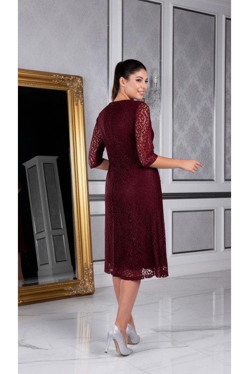 Nidya Moda Büyük beden Kadın Bordo Simli Kloş Dantel Abiye Elbise-4036YB