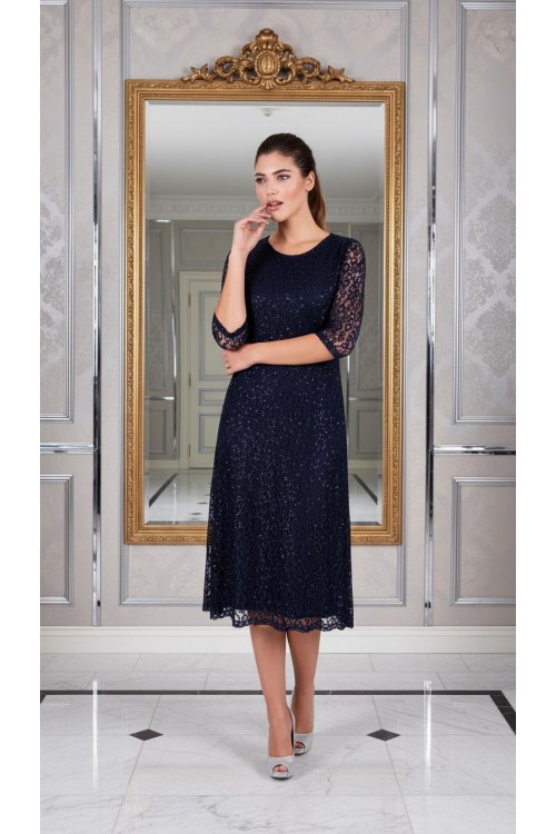 Nidya Moda Büyük Beden Kadın Lacivert Simli Kloş  Dantel Abiye Elbise-4036YL