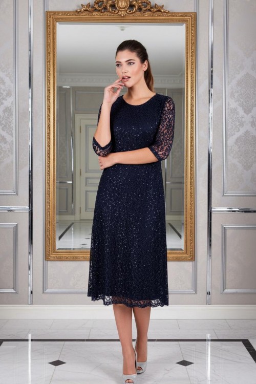 Nidya Moda Büyük Beden Kadın Lacivert Simli Kloş  Dantel Abiye Elbise-4036YL