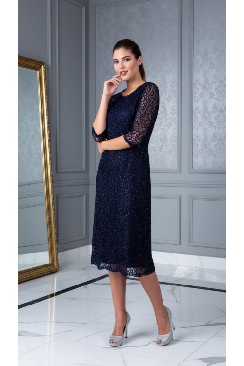 Nidya Moda Büyük Beden Kadın Lacivert Simli Kloş  Dantel Abiye Elbise-4036YL