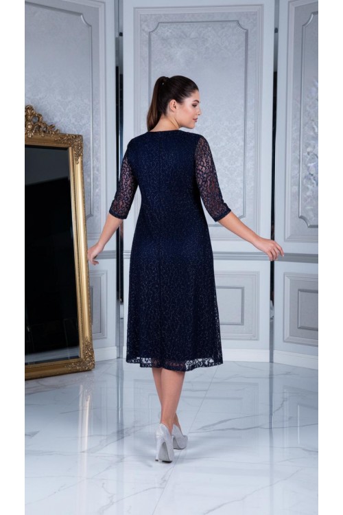 Nidya Moda Büyük Beden Kadın Lacivert Simli Kloş  Dantel Abiye Elbise-4036YL