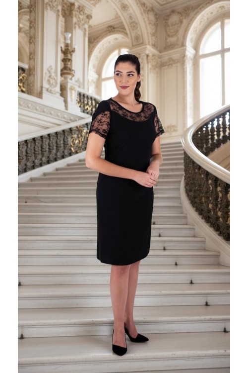 Nidya Moda Büyük Beden Kadın Dantel Kombini Siyah İnci Taş İşli  Krep Abiye Elbise-4103S
