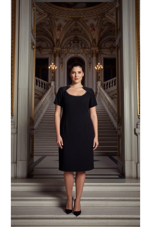 Nidya Moda Büyük Beden Kadın Siyah  Yaka Omuz Taş İşli  Krep Abiye Elbise-4104S