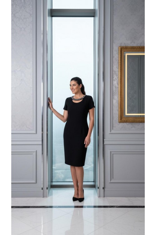 Nidya Moda Büyük Beden Kadın Siyah  Lazer Yaka Taş İşli  Krep Abiye Elbise-4106S