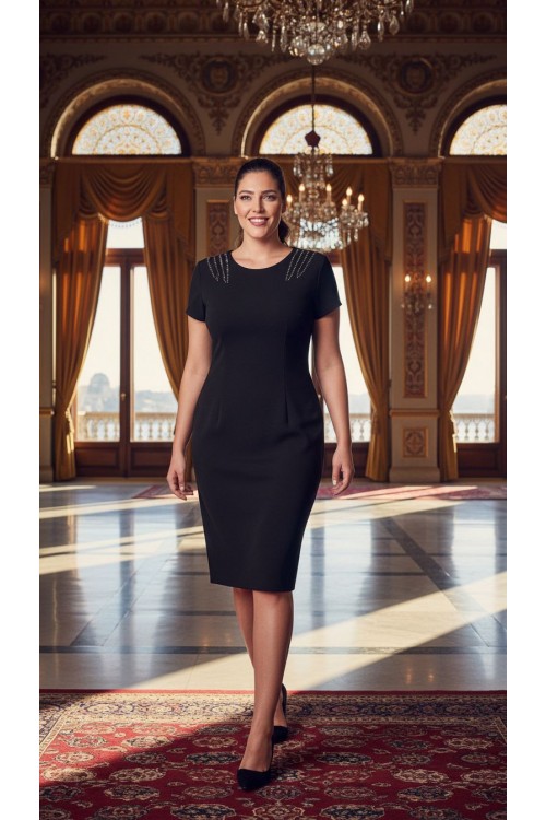 Nidya Moda Büyük Beden Kadın Siyah Omuz Oymalı Taş İşli Krep Abiye Elbise 4107S