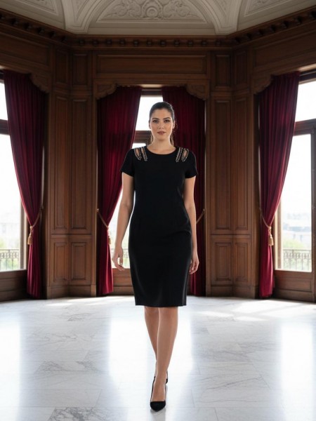 Nidya Moda Büyük Beden Kadın Siyah Omuz Oymalı Taş İşli Krep Abiye Elbise 4107S