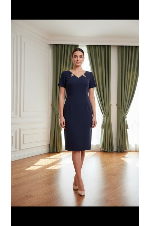 Nidya Moda Büyük Beden Kadın Lacivert Taşlı Zikzak Yaka Krep Abiye Elbise-4110L