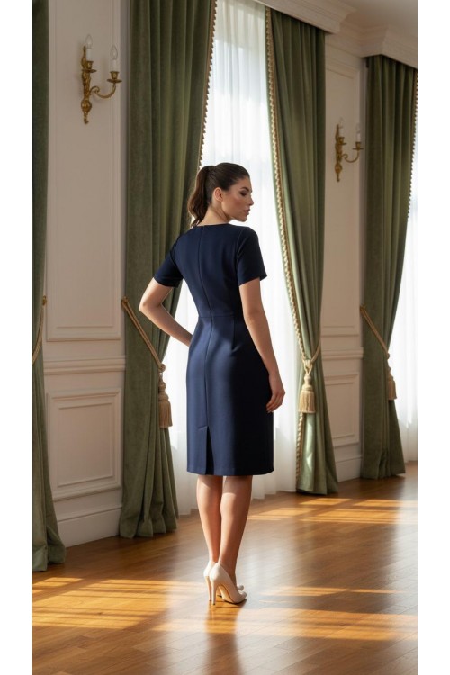 Nidya Moda Büyük Beden Kadın Lacivert Taşlı Zikzak Yaka Krep Abiye Elbise-4110L