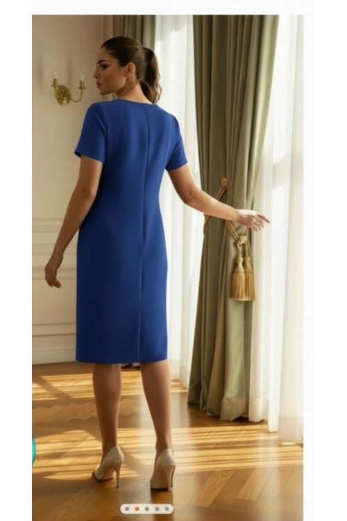 Nidya Moda Büyük Beden Kadın Saks Lazer Zikzak Taşlı Yaka Krep Abiye Elbise-4110SX