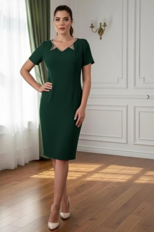 Nidya Moda Büyük Beden Kadın Yeşil  Lazer Zikzak Taşlı  Yaka Krep  Abiye Elbise-4110Y