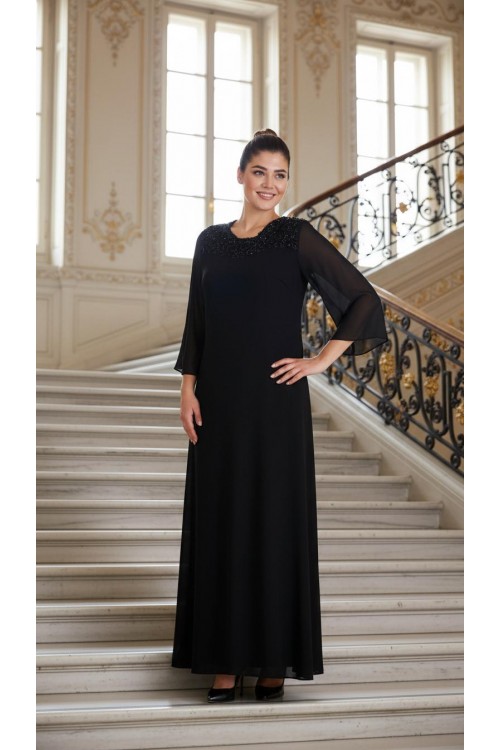 Nidya Moda Büyük Beden Kadın Siyah Şifon Kol Roba Dantel Kombin Uzun Sandy  Abiye Elbise-4114S