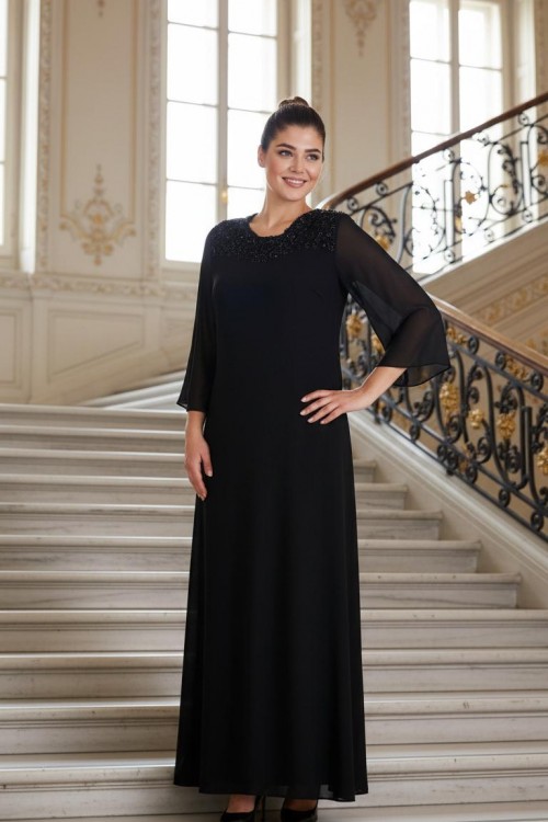 Nidya Moda Büyük Beden Kadın Siyah Şifon Kol Roba Dantel Kombin Uzun Sandy  Abiye Elbise-4114S