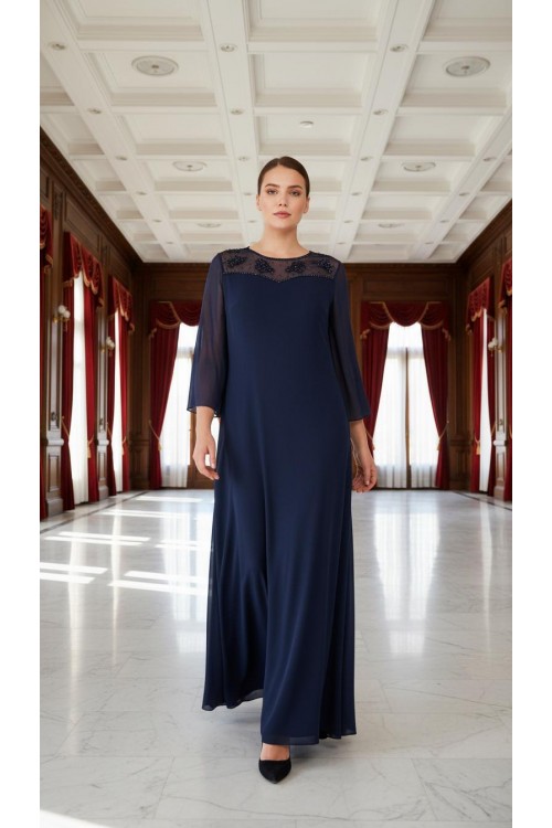 Nidya Moda Büyük Beden Kadın Lacivert Şifon Kol Roba Tül Taşlı Motifli  Uzun Sandy Abiye Elbise-4115L