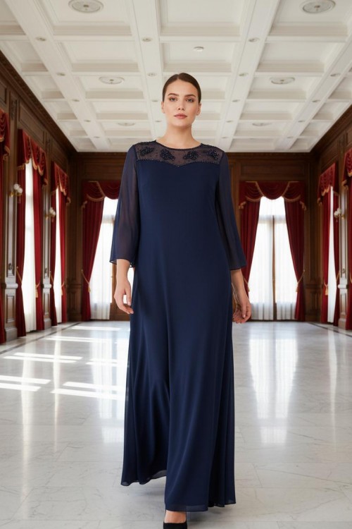 Nidya Moda Büyük Beden Kadın Lacivert Şifon Kol Roba Tül Taşlı Motifli  Uzun Sandy Abiye Elbise-4115L