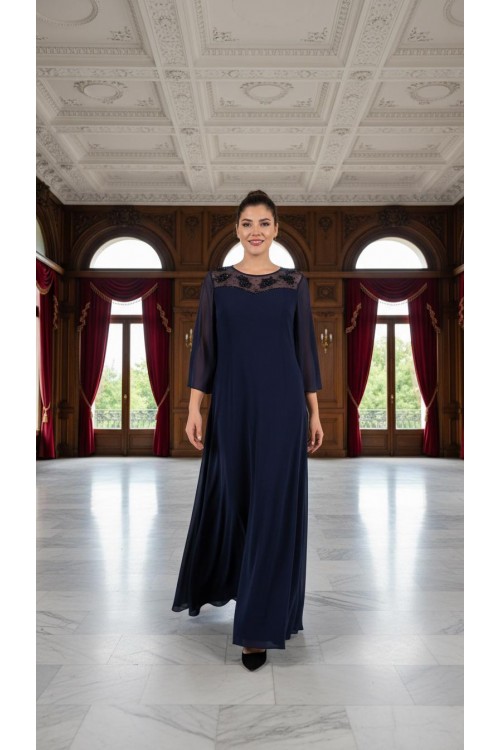 Nidya Moda Büyük Beden Kadın Lacivert Şifon Kol Roba Tül Taşlı Motifli  Uzun Sandy Abiye Elbise-4115L