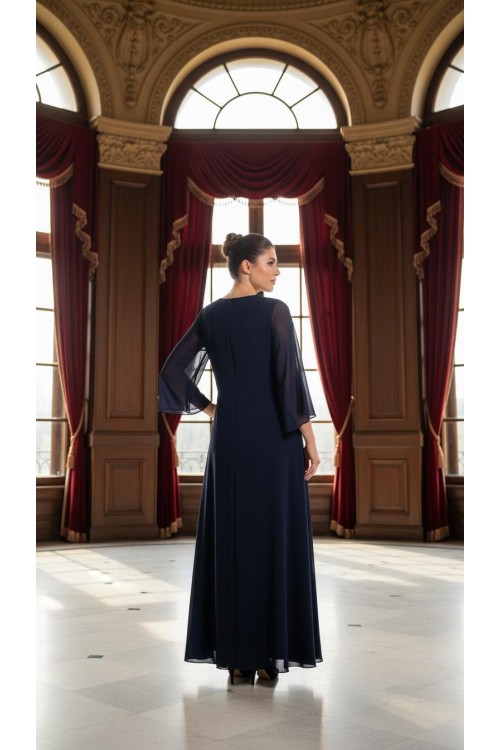 Nidya Moda Büyük Beden Kadın Lacivert Şifon Kol Roba Tül Taşlı Motifli  Uzun Sandy Abiye Elbise-4115L